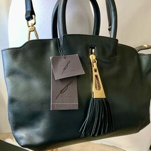 Designer Brian Atwood Leather AHAVEN Tassel Zip Pocket BLACK Tote Hand Bag NWT